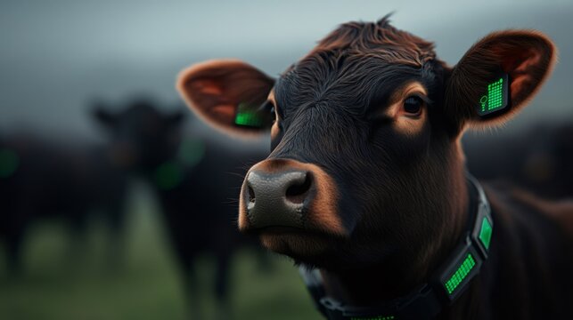 Cow wearing futuristic monitoring tags for smart farming - Powered by Adobe