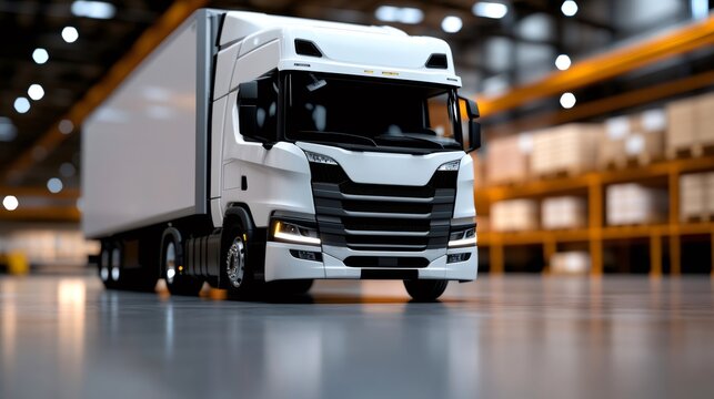 White semi-truck parked in large modern warehouse