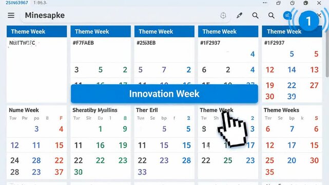 Digital calendar interface, "Innovation Week" button highlighted, cursor clicks on blue banner
