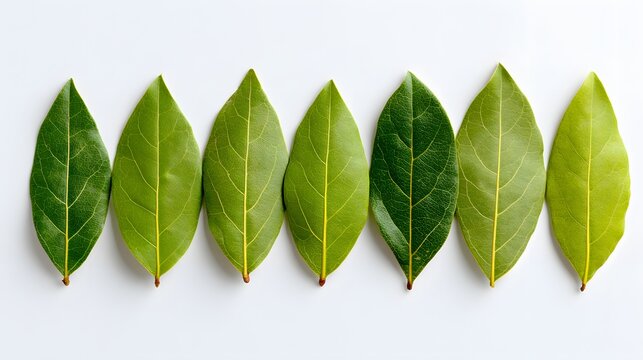 Seven vibrant green botanical leaves display variation in shade arranged horizontally on a white background