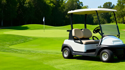 Golf cart parked on a lush green golf course with a flag in the distance under a bright sunny sky showcasing the beauty of the sport and the serene landscape of the golf course environment