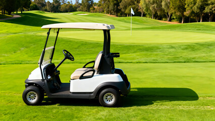 Golf cart parked on a lush green golf course with a flag in the distance on a sunny day providing transportation and leisure for golfers enjoying a round of golf in a scenic outdoor setting
