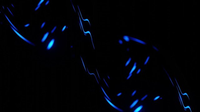 Dynamic particle waves with blue neon light moving continuously over abstract background