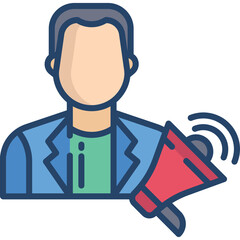 Person Holding Megaphone for Announcement or Advertisement with Blue Blazer and Green Shirt Simple Flat Icon Style with Blue Outline