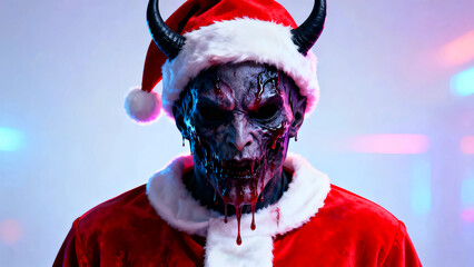 Demonic santa with horns and blood dripping from his face wearing a santa hat and suit for a horror themed christmas holiday event or scary santa claus party