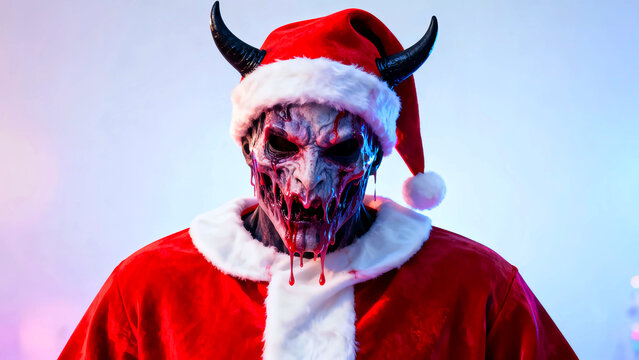 Krampus in a santa suit with horns and a bloody face presents a terrifying twist on christmas horror creating a unique and unsettling holiday season visual experience for viewers