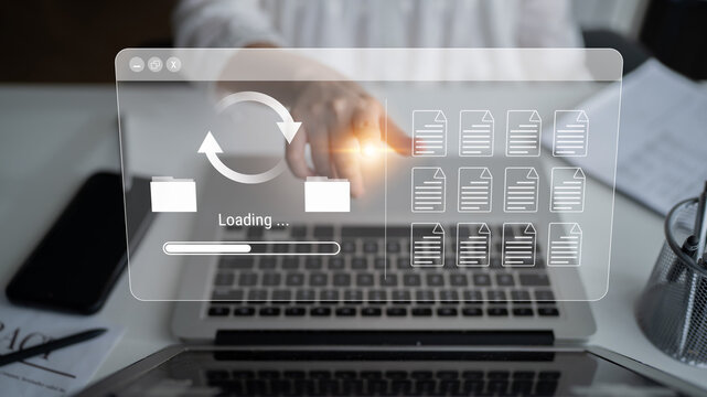 File synchronization or loading interface with progress bar, folders, and documents, symbolizing data backup, transfer, and system update Parse