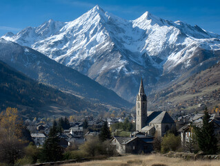 Fototapeta premium Vue sur le village d'Aussois et les montagnes enneigées de la Haute-Maurienne (France)
