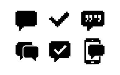 Fototapeta premium Pixel art communication icons: chat, checkmark, smartphone, quotation marks