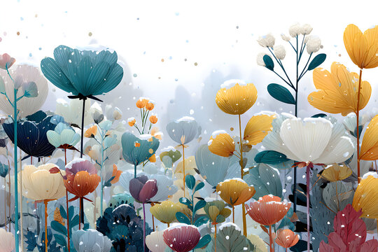 Bordure harmonieuse avec des fleurs, des feuilles et des plantes multicolores enneig&eacute;es et glac&eacute;es abstraites, des flocons de neige. fond blanc, illustration de prairie d'hiver. IA g&eacute;n&eacute;rative, IA