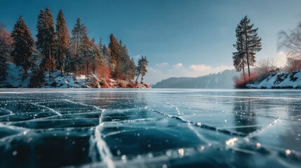 A winter landscape with a frozen lake, cracks in the ice, and snow-covered fir trees. The clear sky and sunlight create an atmosphere of tranquility.