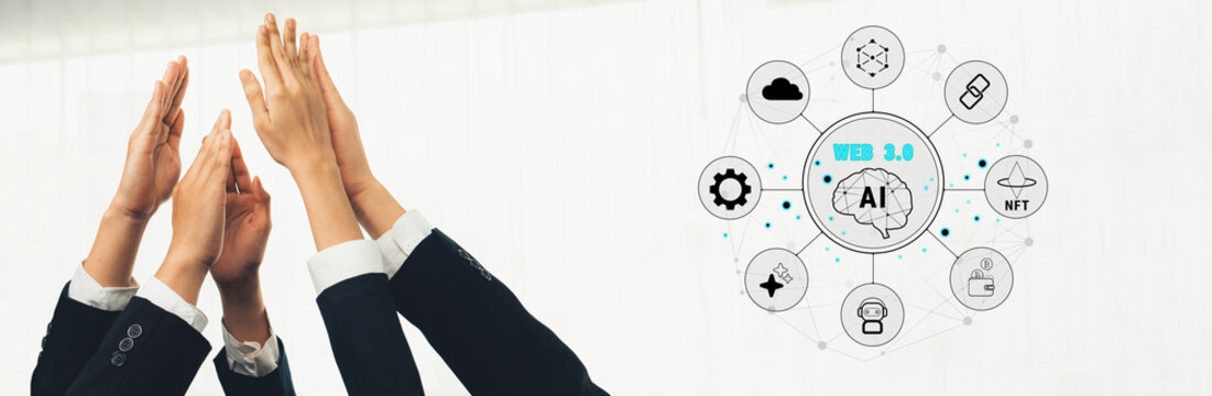 Hands raised in celebration represent teamwork and success in business, highlighting themes of Web 3.0, Artificial Intelligence, and innovative technology. Trope
