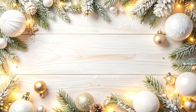 A festive winter holiday background with frosted fir branches, white and gold ornaments, and glowing fairy lights on a white wooden surface.