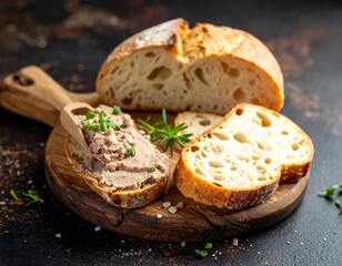Artisanal p&acirc;t&eacute; spread on a rustic slice of bread, symbolizing gourmet cuisine, traditional flavors, Mediterranean lifestyle, and authentic culinary culture perfect for food and drink concepts.