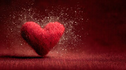 Plush textile heart decoration glows with sparkling dust against a deep crimson background