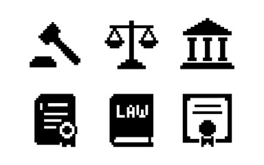 Pixel art legal icons: gavel, scales, courthouse, certificate, law book