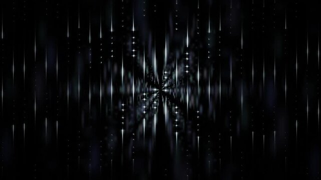 Flowing digital data and code rain lines and dots falling continuously on black background
