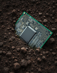Semiconductor Processor Emerging from Soil – Green Tech and Sustainable Mineral Sourcing Concep