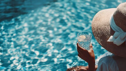 Person wearing a wide brim straw hat enjoys a refreshing drink beside shimmering pool water.