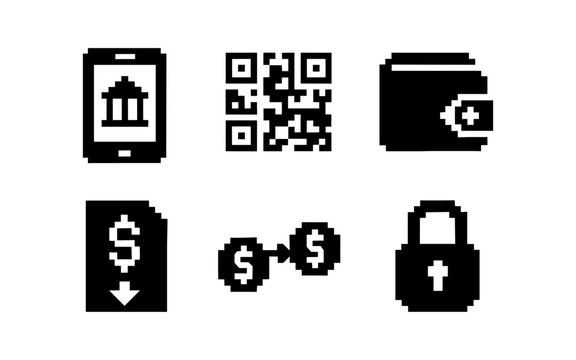 Pixel art fintech icons: qr code, wallet, mobile banking, currency, security lock
