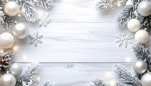 Elegant winter holiday background with frosted fir branches, white baubles, silver snowflakes, and warm fairy lights on a rustic wooden surface.