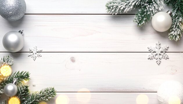 White wooden background with frosted pine branches, silver and white Christmas ornaments, and sparkling snowflakes, creating a festive holiday frame.