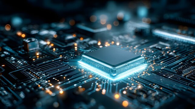 Illuminated central processing unit glows brightly atop a complex electronic circuit board
