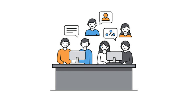 contact center team working customer service representatives using computers at a desk providing online support and communication solutions for business purposes