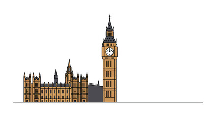 Obraz premium Houses of Parliament illustration showing iconic Big Ben clock tower and Westminster palace perfect for illustrating uk culture and british landmarks.