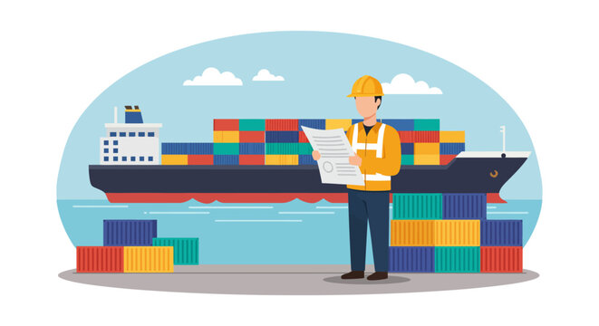 logistics worker inspecting shipping manifest at port overseeing cargo containers and freighter ship ensuring efficient distribution perfect for trade articles