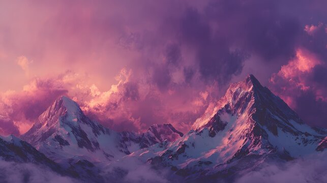 Dramatic snowcapped peaks rise beneath a vibrant magenta and violet twilight sky
