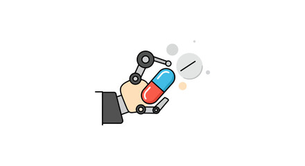 Fototapeta premium Robotic hand holding pill illustrating digital medicine and medical technology for healthcare innovation projects and pharmaceutical automation applications.