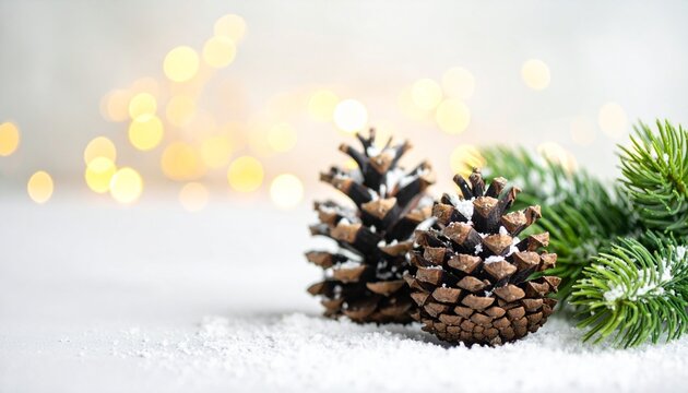 Two pine cones and a green pine branch covered in snow with blurred golden lights in the background, creating a festive winter scene.