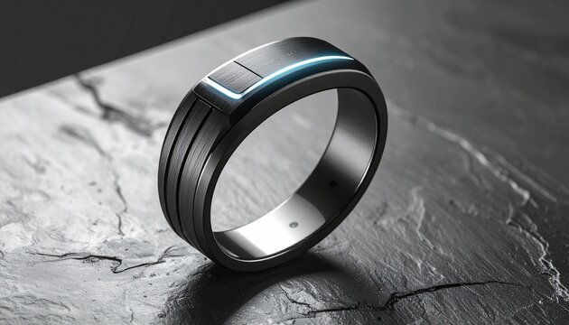 Sleek futuristic smart ring with a glowing blue light band on a textured grey surface