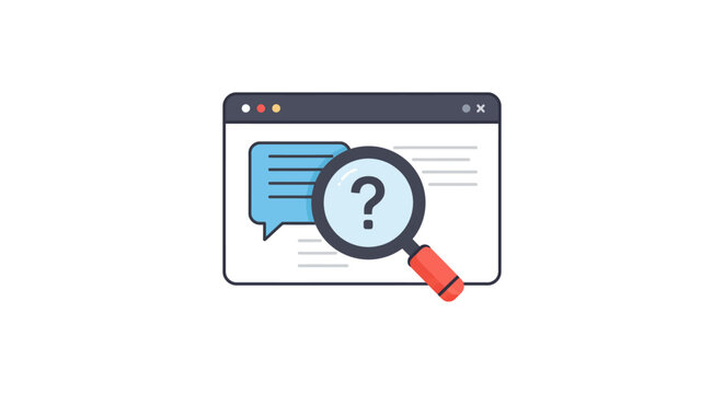 searching for answers online magnifying glass over website with message bubble depicting solutions and knowledge for blog posts and support