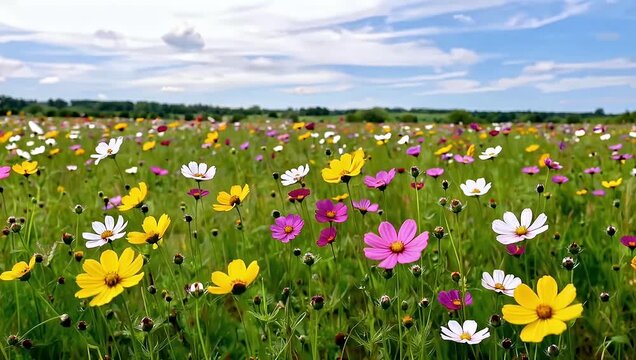 Colorful wildflowers blooming in a lush green meadow under a bright sky with gentle wind motion