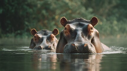 Two hippopotamuses emerge from the water surrounded by dense green foliage