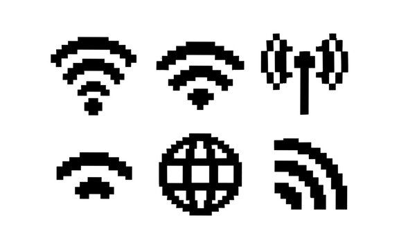 Pixel art wifi and signal icons set for digital connectivity themes