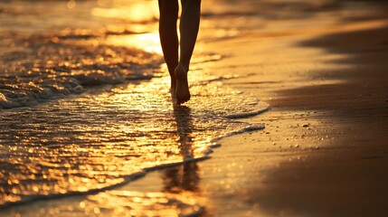 Person walks barefoot along the shoreline during a bright, golden sunset