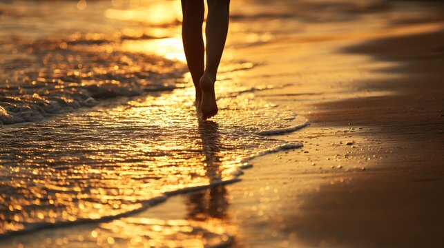 Person walks barefoot along the shoreline during a bright, golden sunset