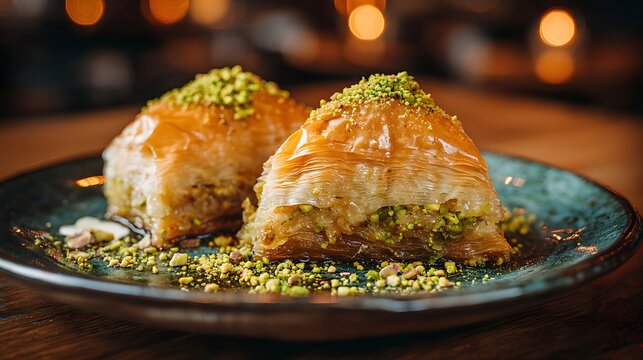 Two triangular pastries drenched in syrup and topped with chopped nuts rest on a ceramic plate