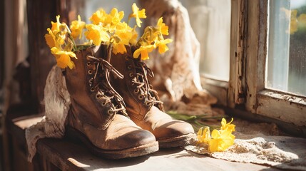 Rustic leather boots filled with bright yellow spring blossoms sit on a sunlit windowsill