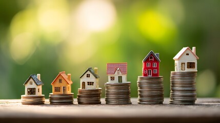 Miniature residential structures rest atop ascending stacks of metal currency outdoors with a vibrant green background