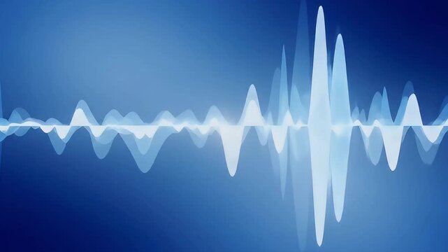 A dynamic abstract visualization of an audio waveform, featuring vibrant light blue and white translucent peaks and troughs against a clean gradient blue background. This digital equalizer pulses rhyt