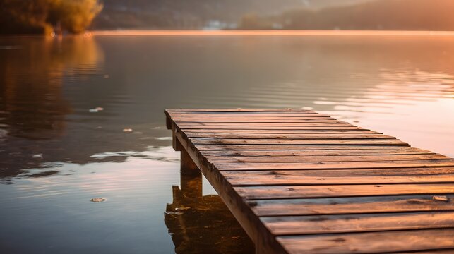 Wooden pier extends into calm water under warm sunrise light