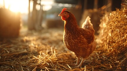 Brown domestic fowl stands bathed in warm, dramatic sunlight within a barn setting