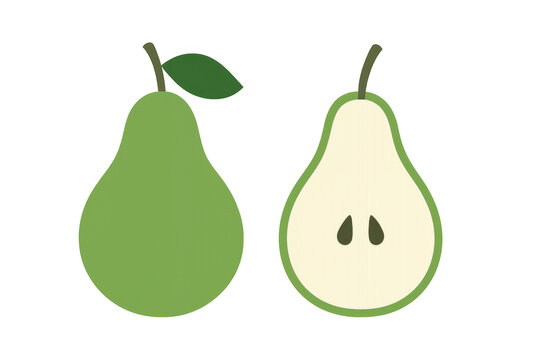 Green pear vector illustration showing whole fruit and half slice with seeds on transparent background
