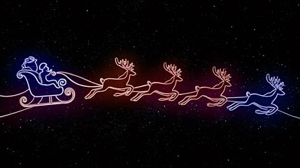 Fototapeta premium Santa claus flying sleigh with neon reindeer glowing at night