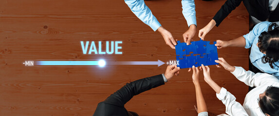 A group of diverse professionals collaborates to complete a puzzle, illustrating the concept of value progression from minimum to maximum, symbolizing teamwork and success. Trope
