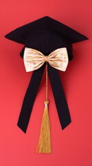 academia. Graduation cap with tassel and decorative bow on red background in a top-down view composition. event programs, museum guides, designed for cultural heritage projects and event programs.
